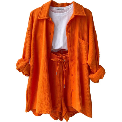 Women's casual vibrant crinkle shorts set, versatile for resort or everyday summer wear.