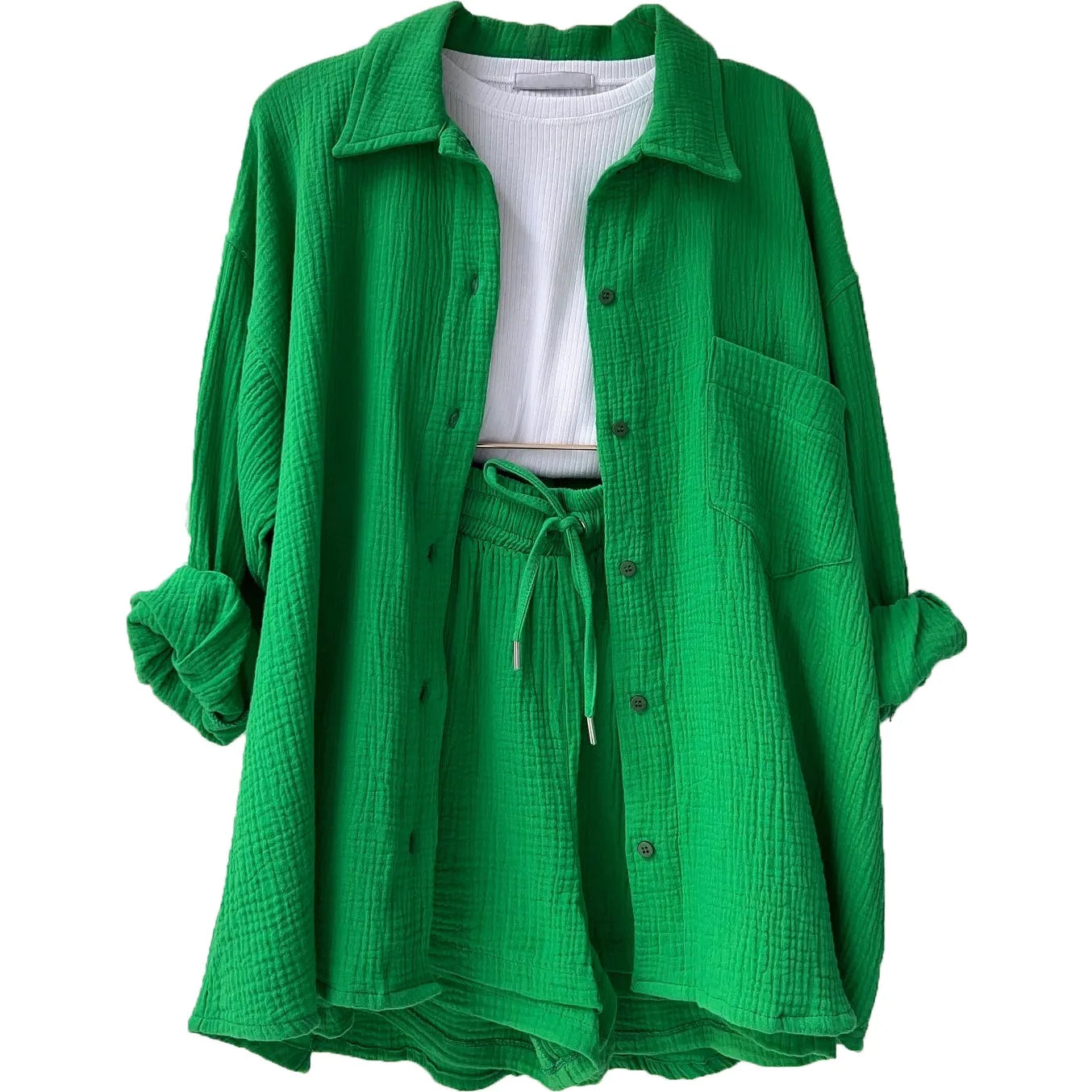 Women's vibrant crinkle shorts and top set, offering a comfortable and stylish summer look.