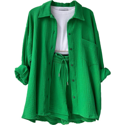 Women's vibrant crinkle shorts and top set, offering a comfortable and stylish summer look.