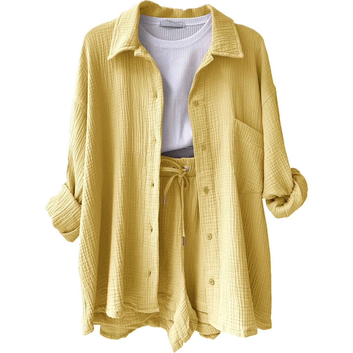 Comfortable women's vibrant crinkle summer outfit, a chic shorts set for leisure.