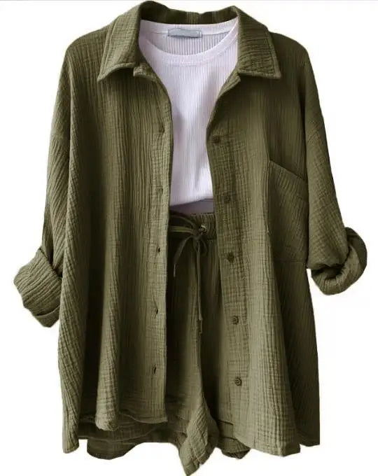 Breathable vibrant crinkle women's shorts set, ideal for hot summer days & casual wear.