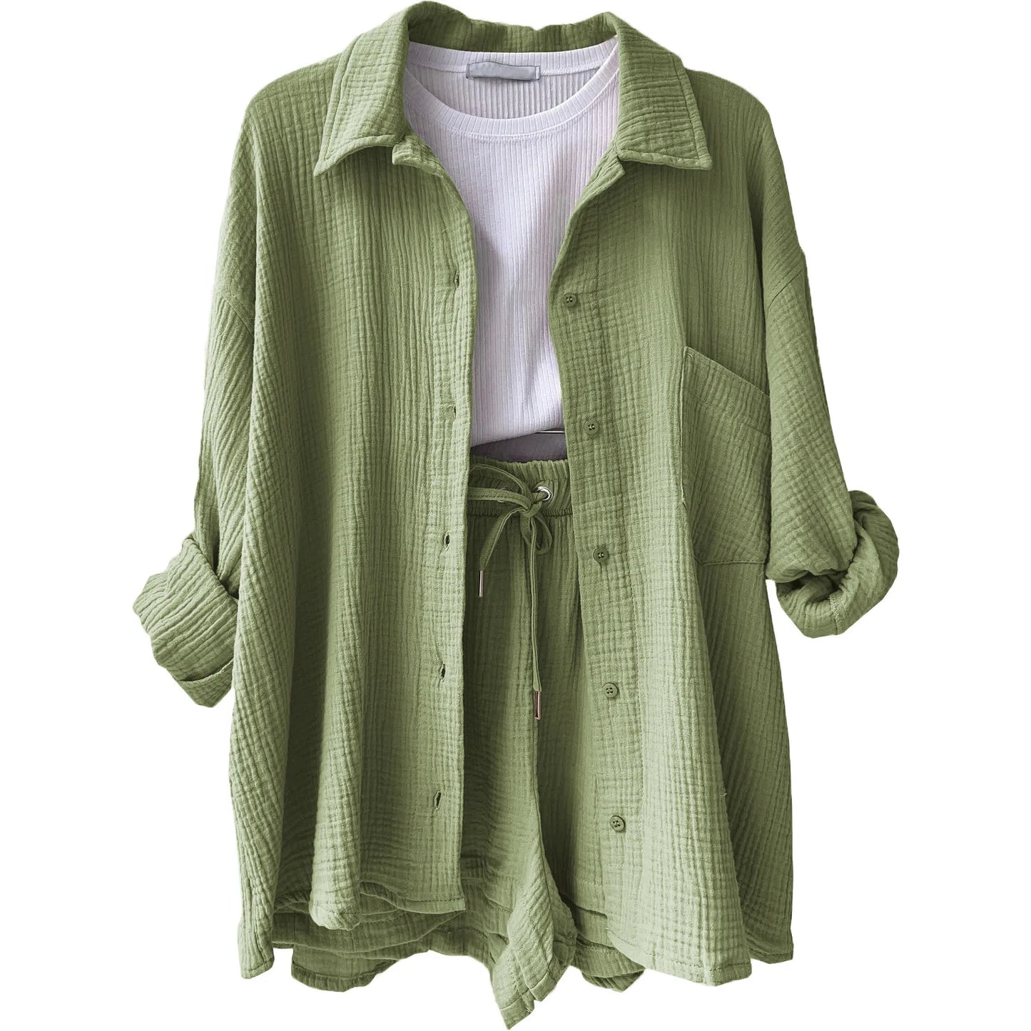 Women's vibrant crinkle shorts outfit, combining relaxed fit with stylish summer fashion.