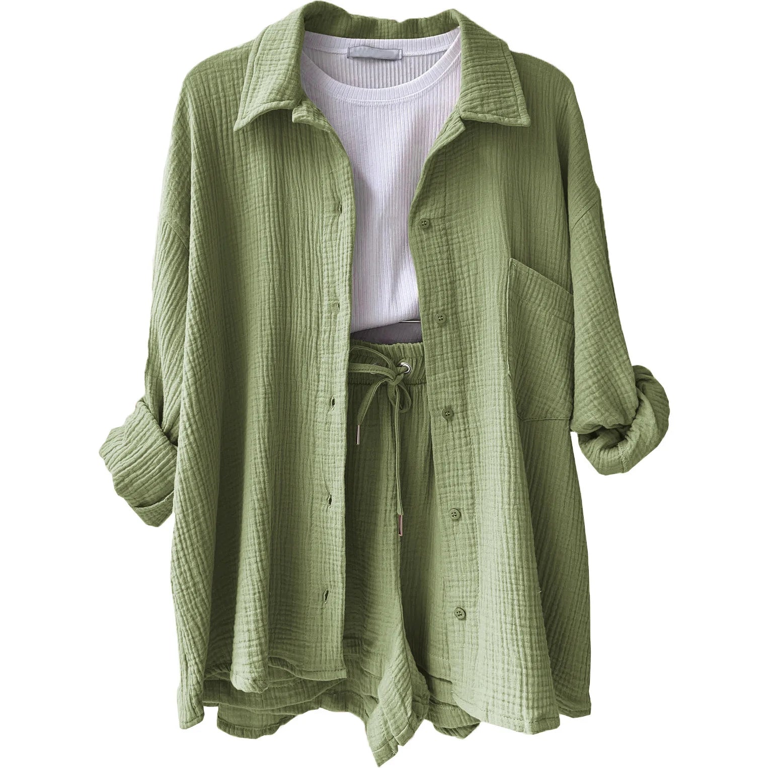Women's vibrant crinkle shorts outfit, combining relaxed fit with stylish summer fashion.