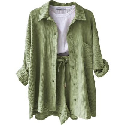 Women's vibrant crinkle shorts outfit, combining relaxed fit with stylish summer fashion.