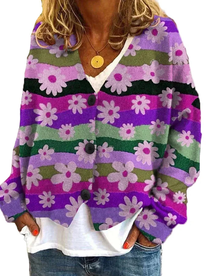 Women's vibrant floral stripe button-up cardigan, relaxed fit. Perfect for casual layering.