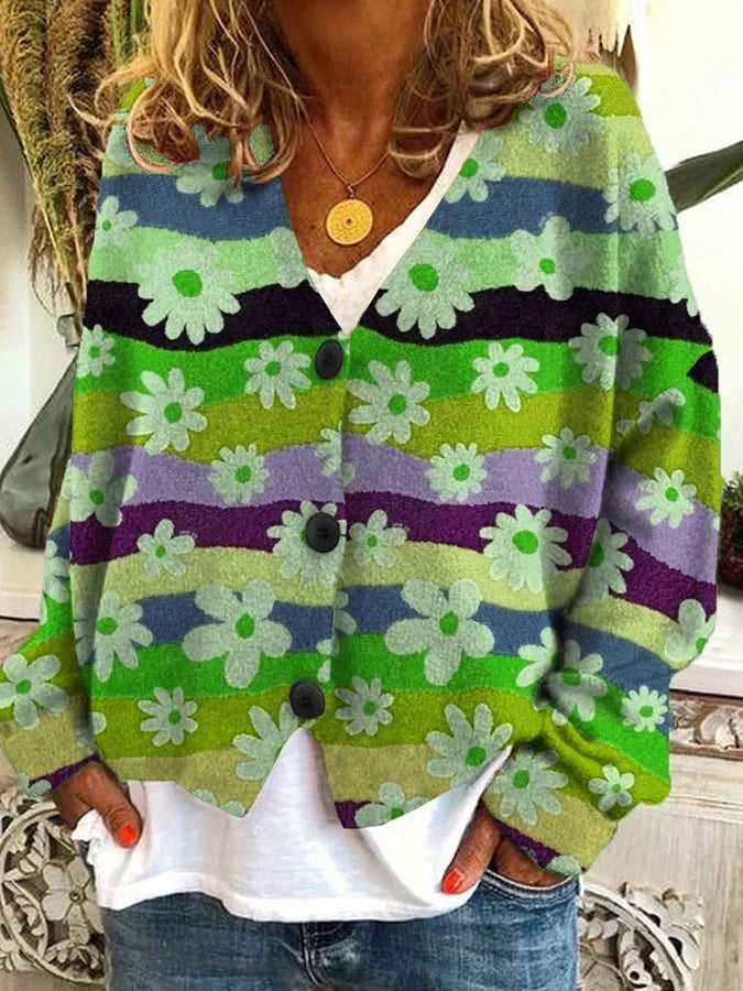 Vibrant floral stripe button-up cardigan for women. A statement piece for spring & summer style.