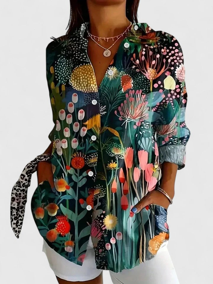 Versatile women's printed top for effortless style, vibrant and comfortable for all-day wear.