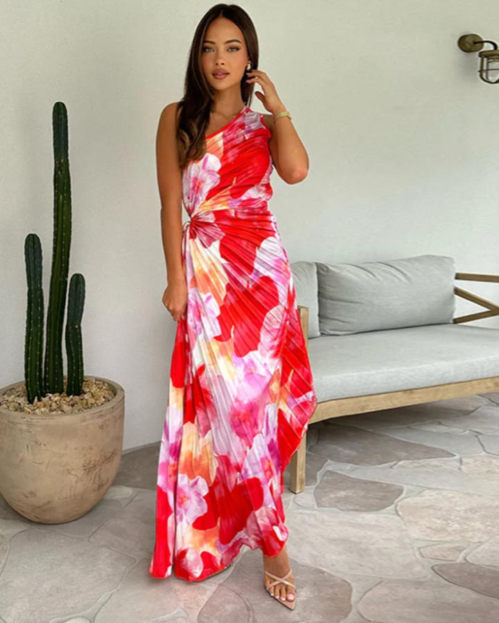 Women's vibrant printed one-shoulder gown, perfect as an elegant wedding guest dress or formal evening attire.