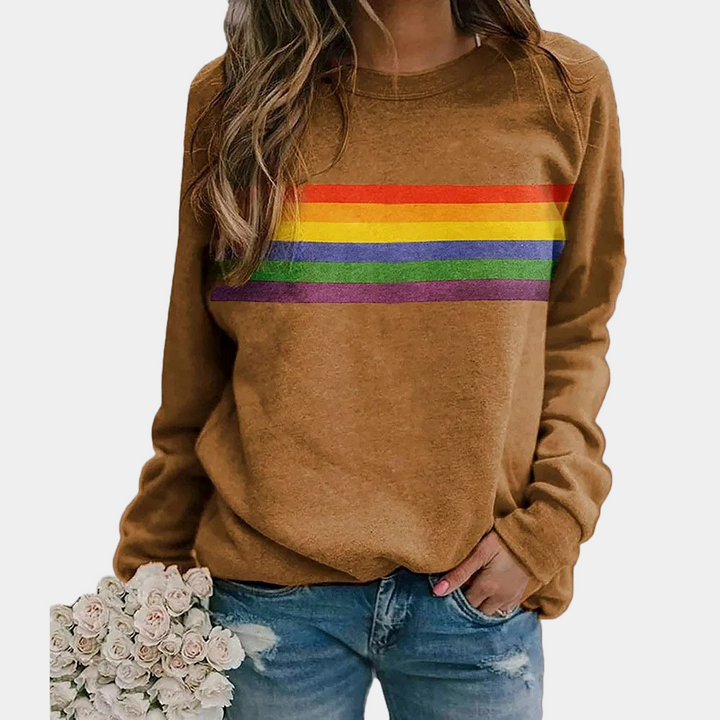 Casual women's rainbow stripe crewneck sweatshirt with vibrant colors. Comfortable and stylish for everyday wear.