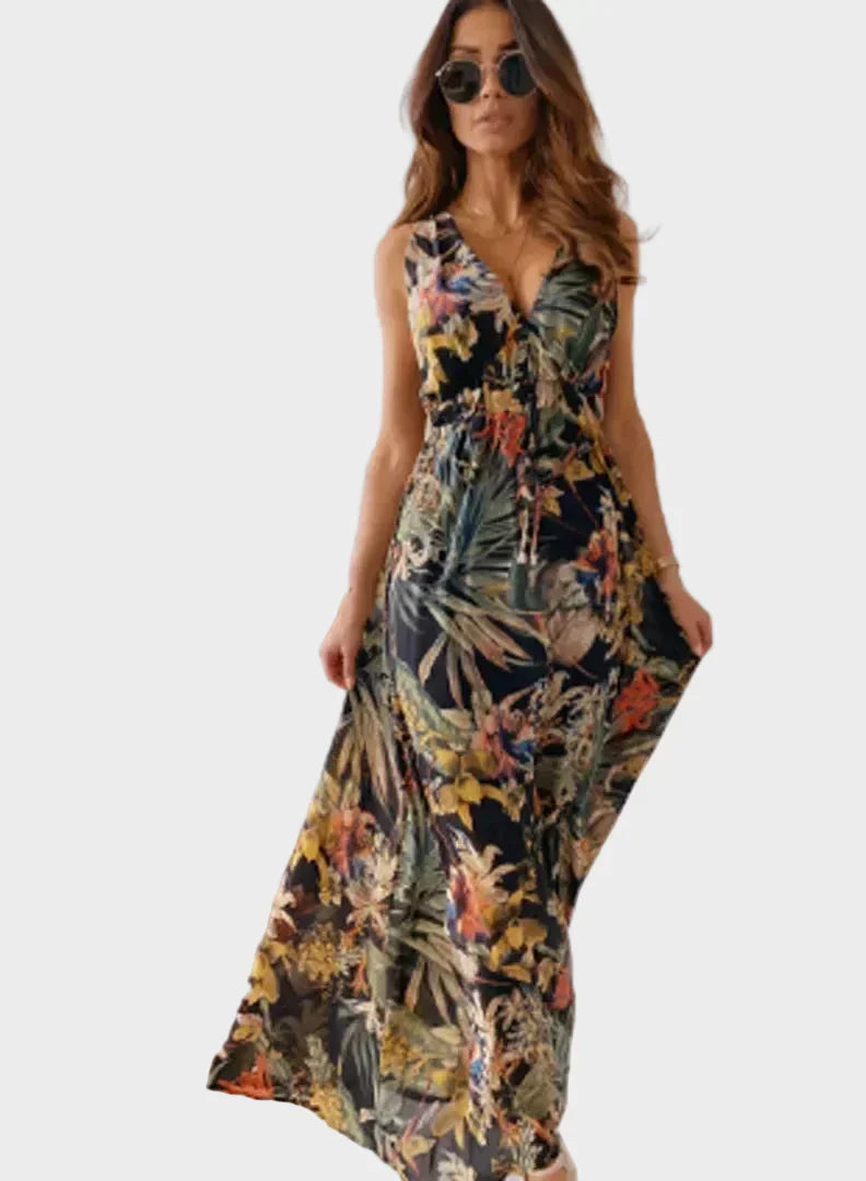 Breezy women's tropical floral maxi dress. Stylish V-neck long summer dress, perfect for beach trips & vacation.