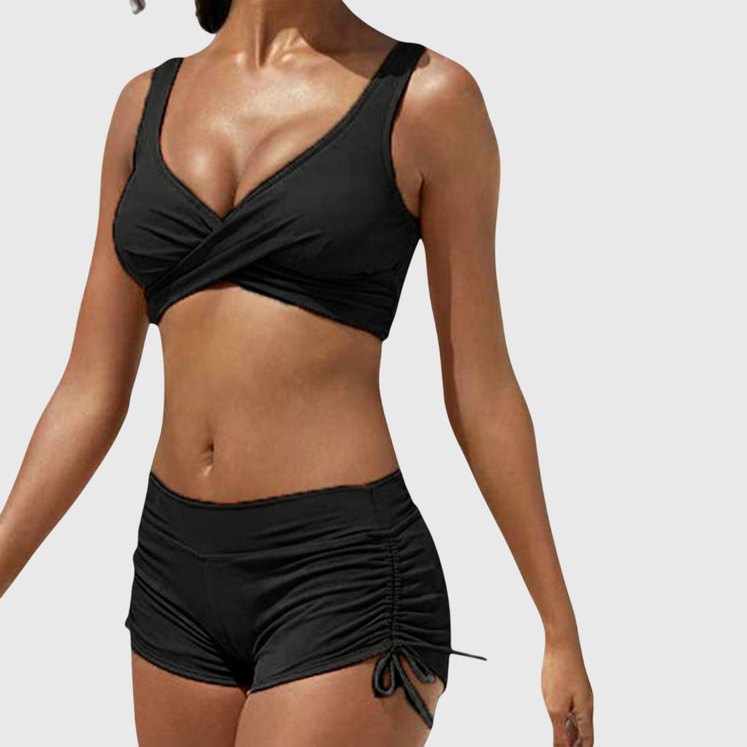 Stylish women's two-piece bikini in vibrant colors. Trendy swimwear for beach, pool, and summer vacation fashion.