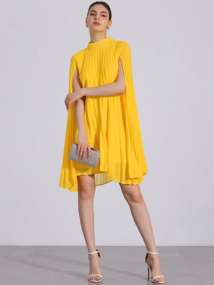 Women's vibrant yellow pleated swing dress with elegant mock neck and cape sleeves, perfect for summer occasions.