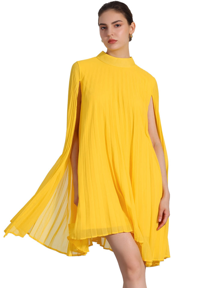 Bright yellow pleated swing dress for women, elegant mock neck & cape sleeves. A stylish choice for any chic occasion.