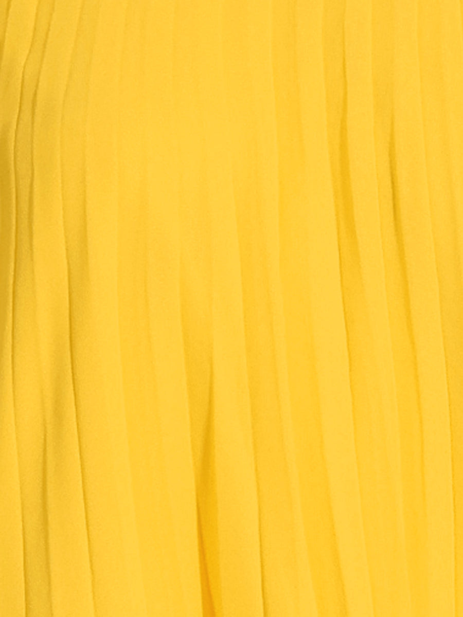 Women's yellow pleated swing dress, featuring a mock neck, cape sleeves, and flowing fabric for an elegant, chic appeal.