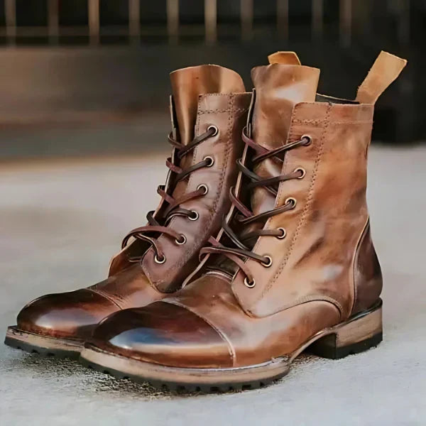 Women's vintage brown lace-up combat boots, perfect for retro fashion and fall street style.