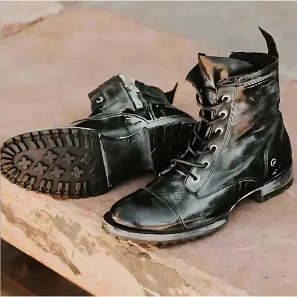 Durable women's black vintage lace-up combat boots for comfortable everyday wear & winter fashion.