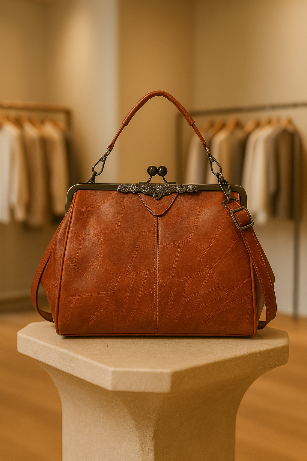 Women's vintage brown leather shoulder bag with adjustable strap, classic elegant style for everyday use.