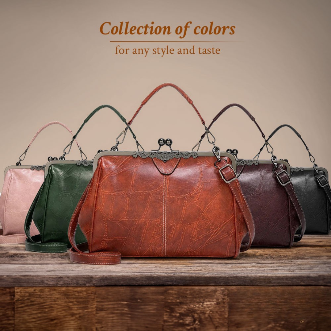 Close-up of women's vintage brown leather shoulder bag, showcasing elegant hardware and durable strap.