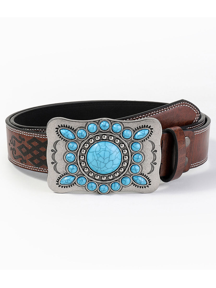 Women's vintage faux leather belt with sparkling gem flowers. Boho style fashion accessory.