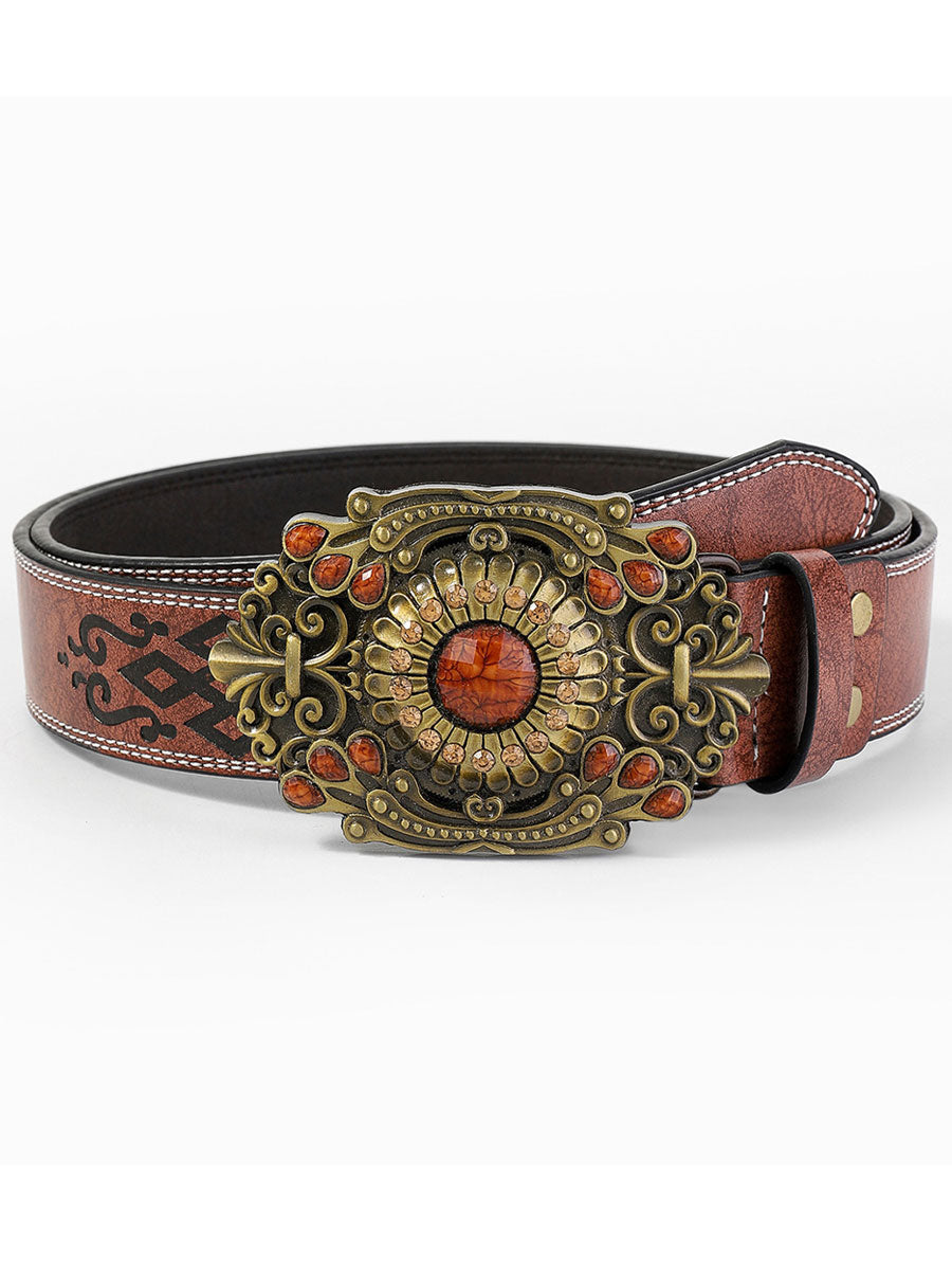 Statement women's belt: vintage faux leather, adorned with intricate gem flower embellishments. Fashion accessory.