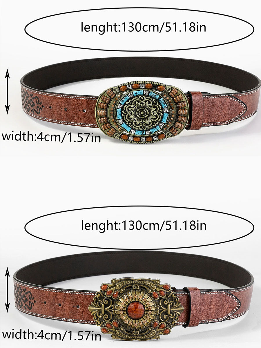 Chic women's vintage faux leather belt with a beautiful gem flower design. A stylish boho fashion accessory.