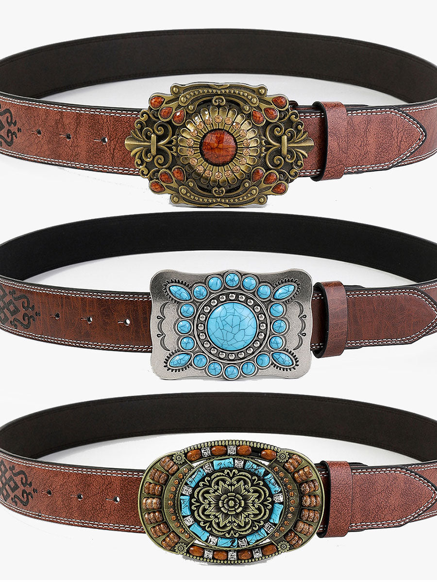 Elegant women's vintage faux leather belt, showcasing stunning gem flower details. A versatile boho accessory.