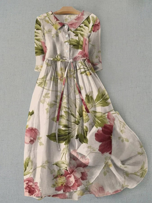 Women's vintage floral lace-up midi summer dress, ideal for wedding guests or chic spring casual wear.