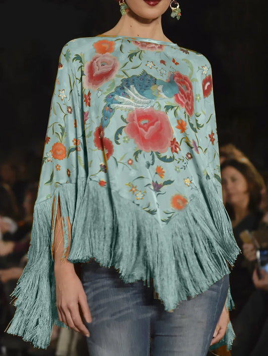Women's vintage floral print blouse in sky blue with yellow flowers, perfect for elegant spring & summer fashion.