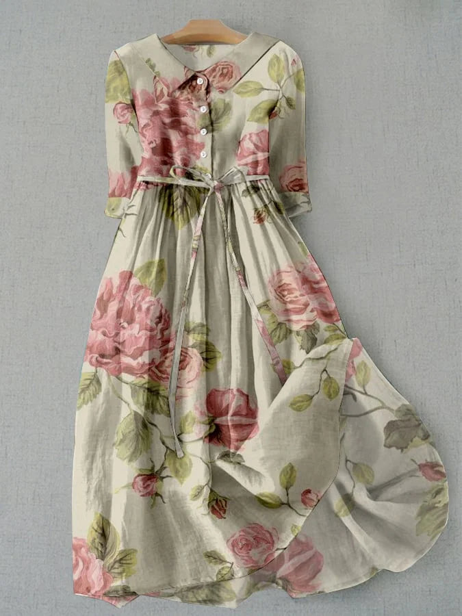 Women's vintage floral print summer midi dress with adjustable lace-up waist, perfect for casual elegant wear.