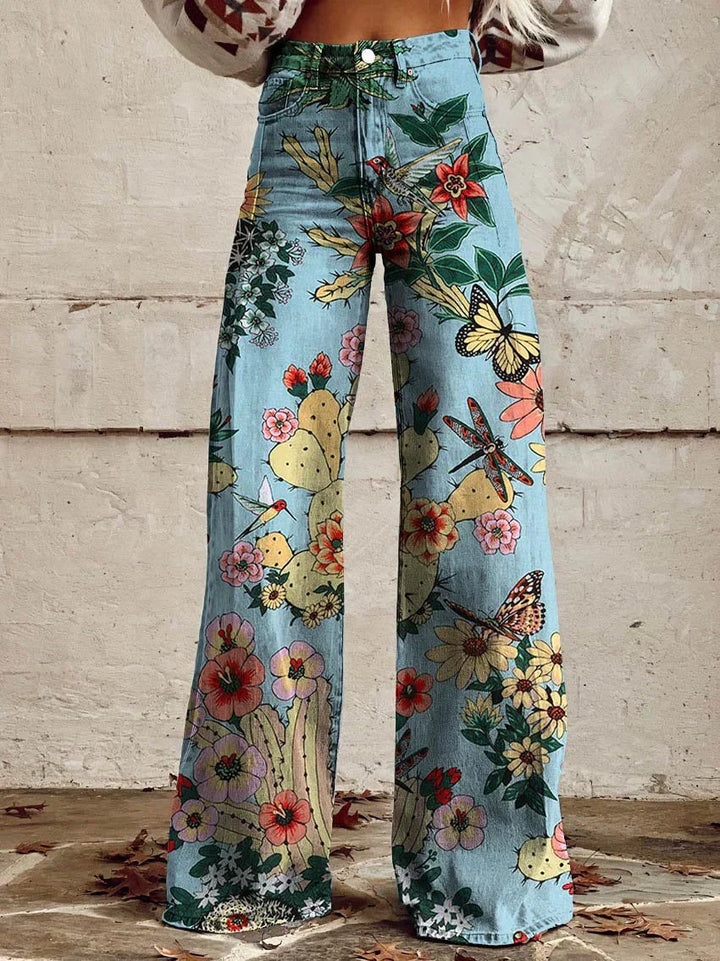Relaxed fit women's floral wide-leg pants, offering ultimate comfort & vintage style for daily wear.