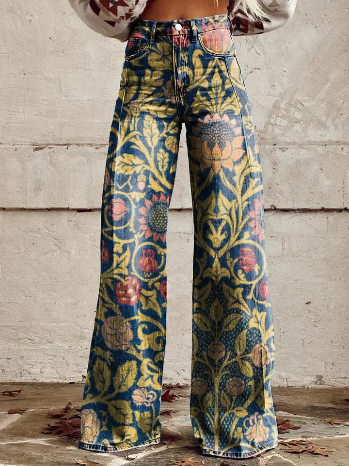 Elegant women's flowy wide-leg pants with a classic vintage floral print, great for spring/summer.