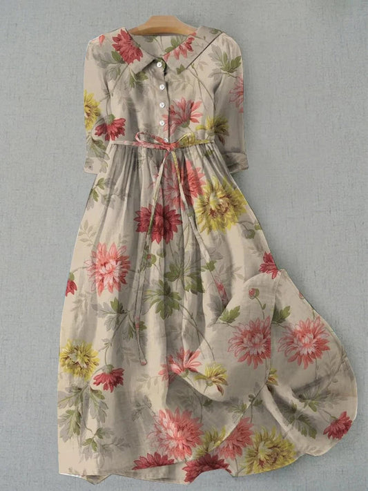 Women's vintage-inspired lace-up waist shirt dress. Comfortable A-line midi style, perfect for casual summer elegance.