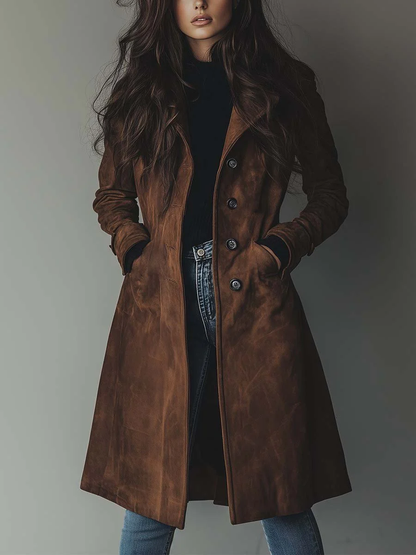 Women's vintage-inspired long trench coat in classic brown, elegant outerwear for transitional weather.