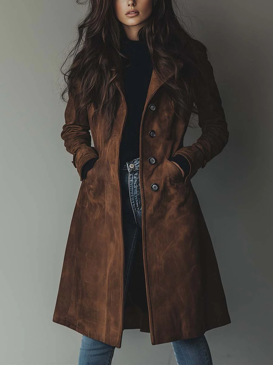 Women's vintage-inspired long trench coat in classic brown, elegant outerwear for transitional weather.