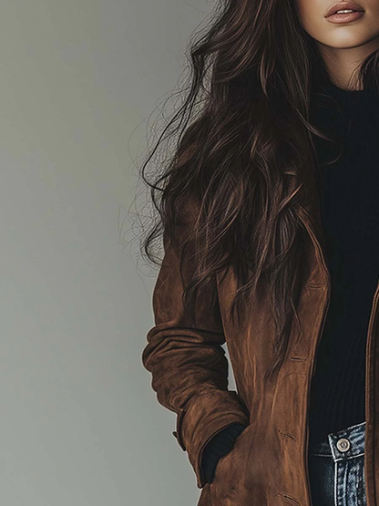 Elegant women's long brown trench coat, vintage style for sophisticated layering and classic fashion.