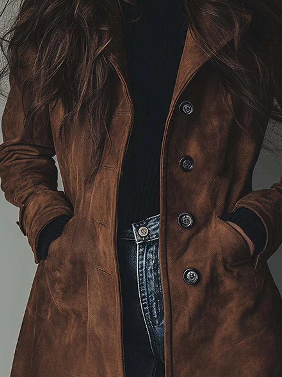 Classic brown women's trench coat, vintage-inspired long design for timeless and stylish outerwear.