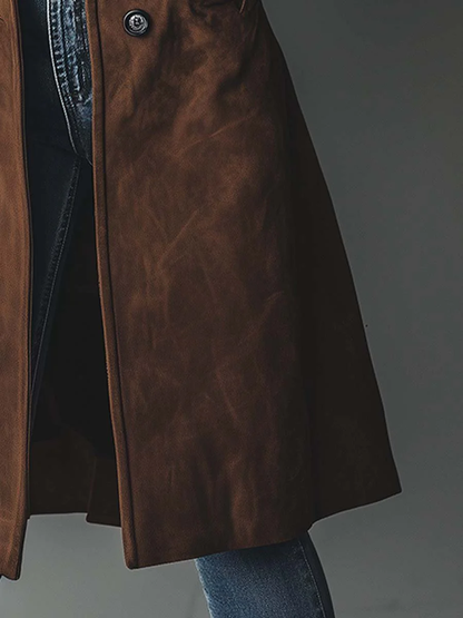 Stylish women's vintage long trench coat in brown, perfect transitional jacket for any wardrobe.