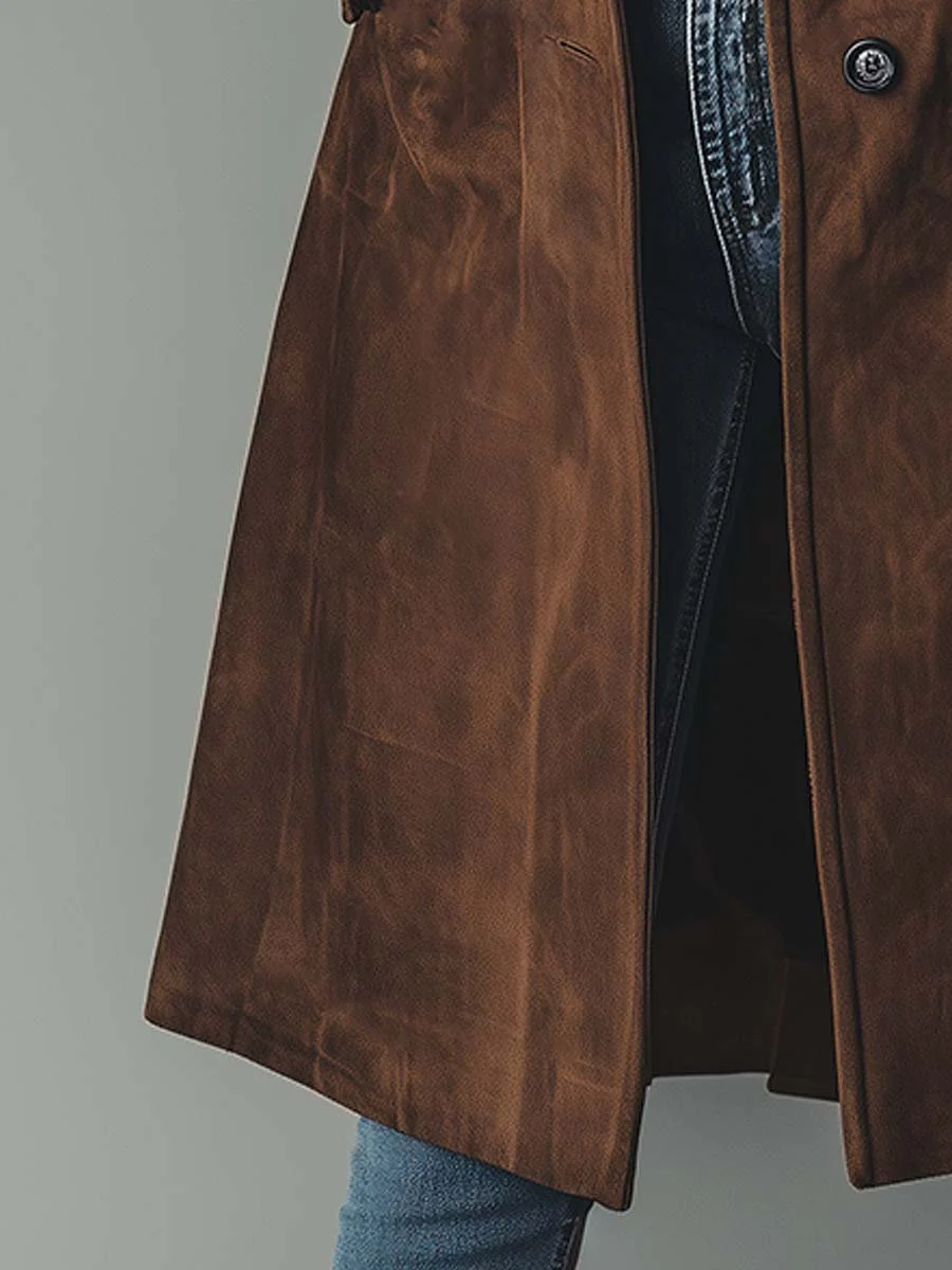 Sophisticated women's long brown trench coat, vintage style outerwear, a classic fashion staple.