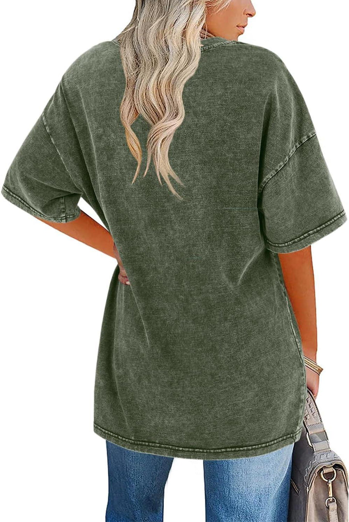 Stylish women's short sleeve oversized tee, vintage design, relaxed fit top.