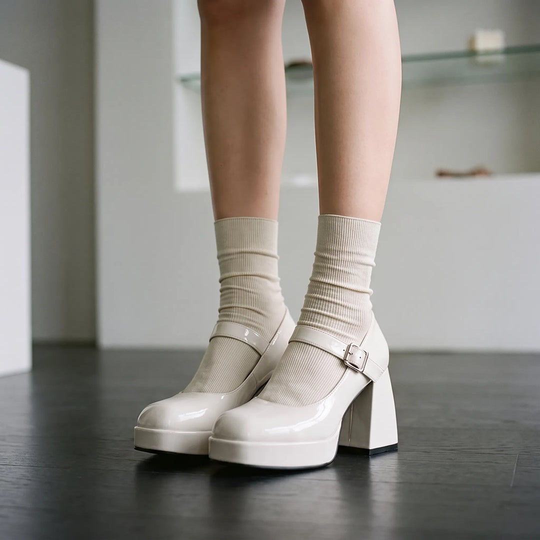 Women's vintage platform pumps with a chunky block heel & chic buckle strap. Retro square toe high heels.