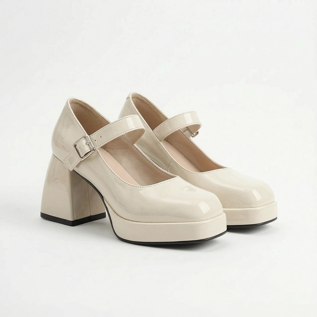 Women's vintage platform high heels. Retro square toe block heel pumps with a sophisticated buckle strap design.