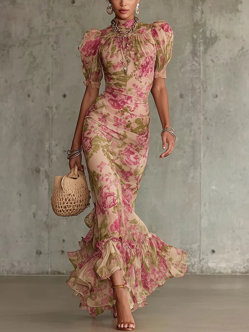Women's vintage rose print maxi dress with elegant puff sleeves. Perfect for summer events & romantic occasions.