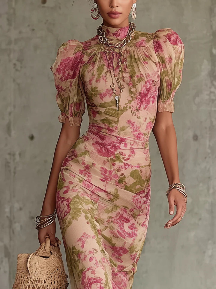 Elegant women's maxi dress featuring a beautiful vintage rose floral print & stylish puff sleeves. Flowing summer wear.
