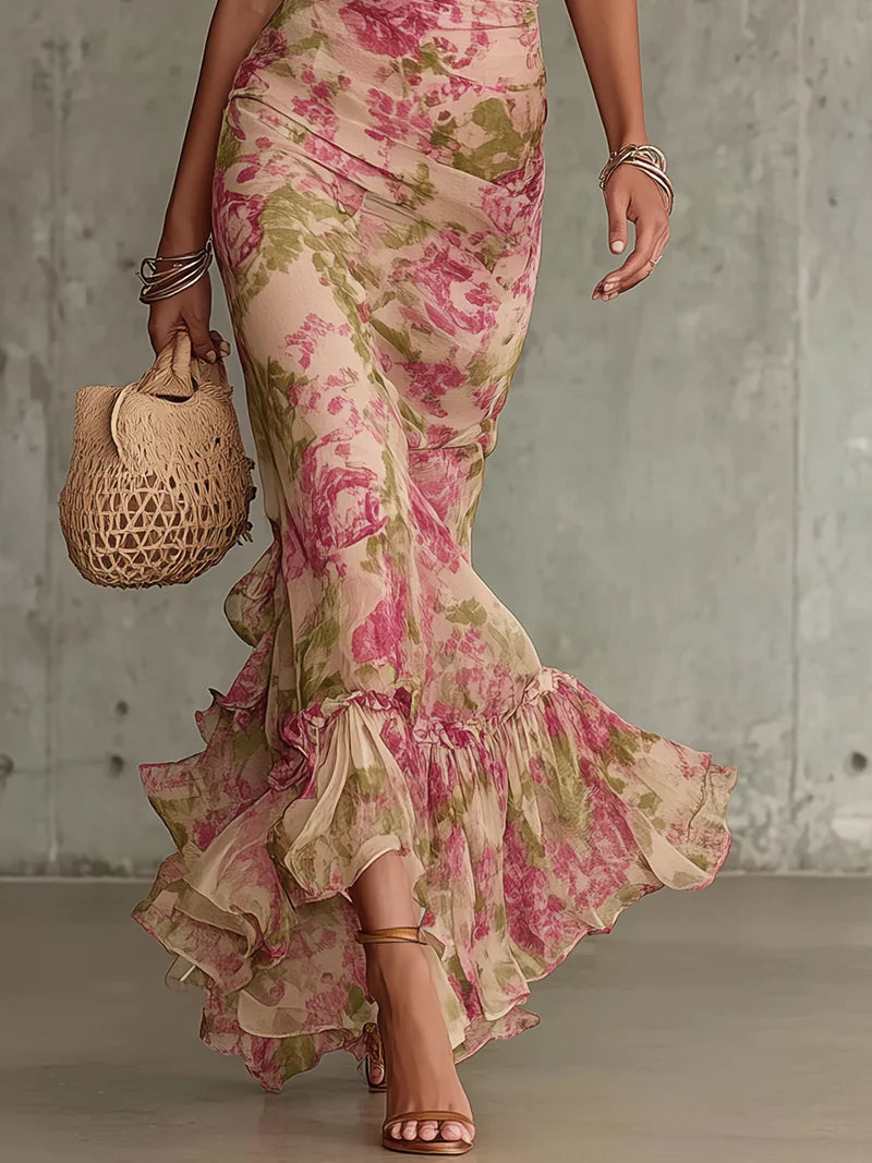Romantic women's vintage rose print puff sleeve maxi dress. Ideal for parties, summer events, & elegant occasion wear.