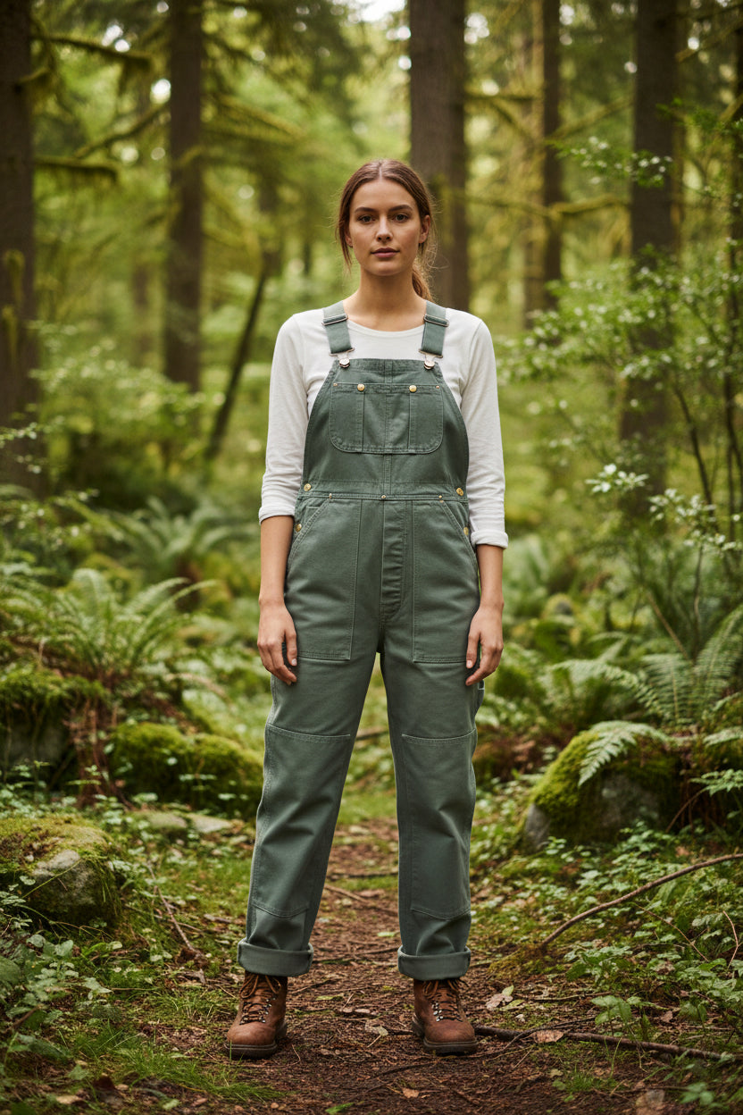 Women's vintage-style bib overalls with adjustable straps, relaxed fit, perfect for casual wear.