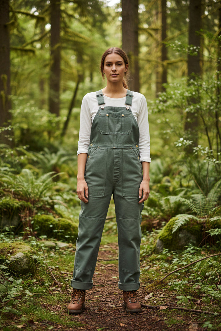 Women's vintage-style bib overalls with adjustable straps, relaxed fit, perfect for casual wear.