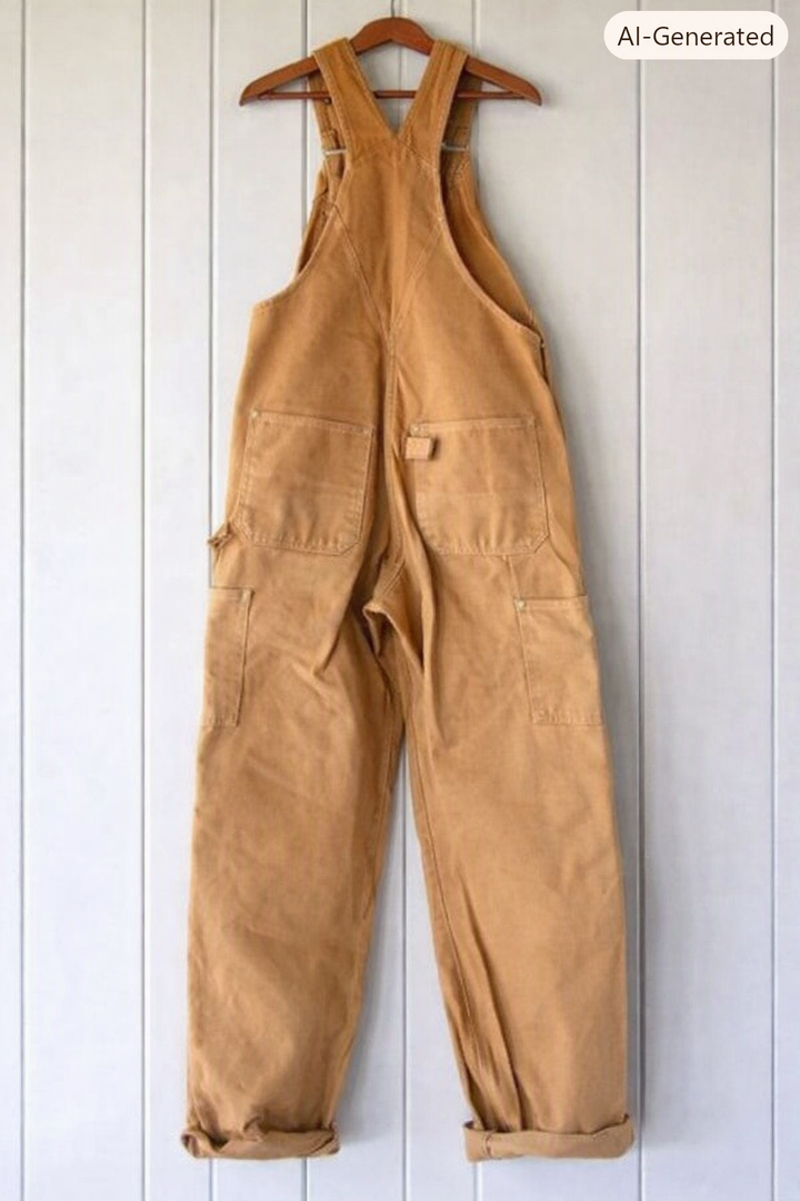 Utility pockets on women's vintage bib overalls, practical and stylish for everyday wear.