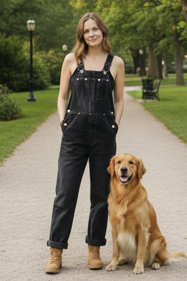 Back view of women's vintage bib overalls, highlighting comfortable relaxed fit and adjustable straps.