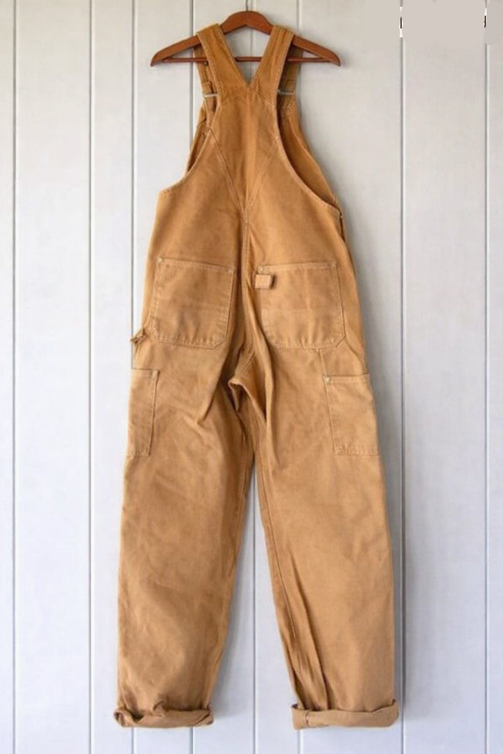 Textured fabric of women's vintage-style bib overalls, durable and comfortable for daily wear.
