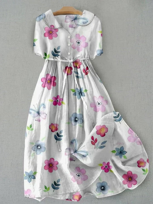 Women's vintage style floral print lace-up midi summer dress, perfect for casual wear, parties, or vacation outfits.